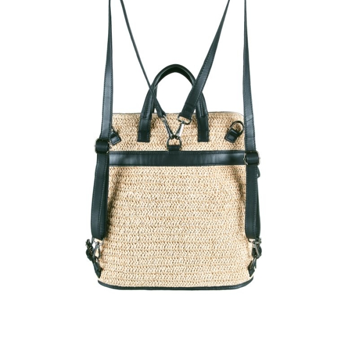 Preview: SEABREEZE BACKPACK GREY – nachhaltiger Rucksack aus Natur-Raffiabast und Leder